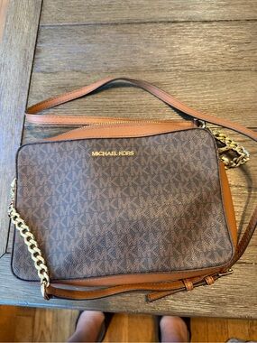 Michael Kors Brown Monogram Crossbody with Gold Chain Detail